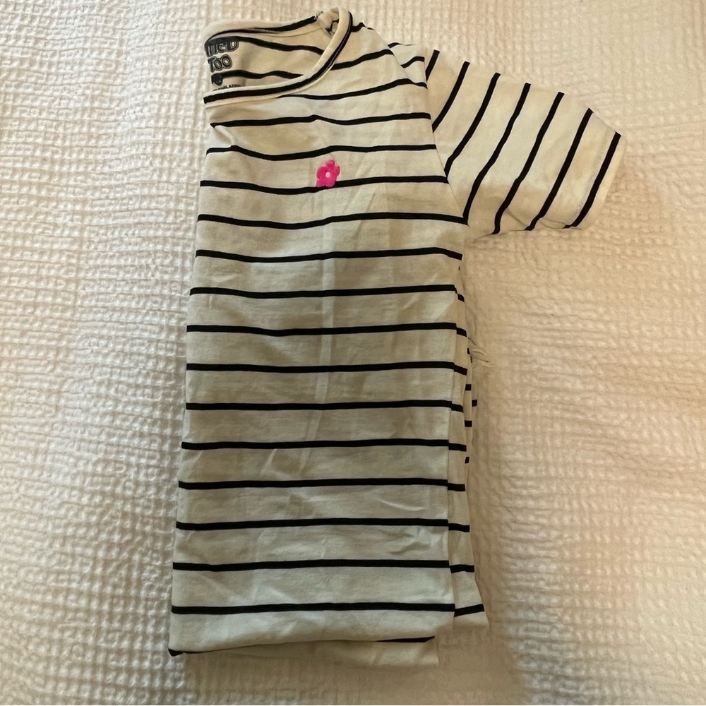 Flower striped shirt, Brand- Limited too, Size Small/14, tan and blue striped